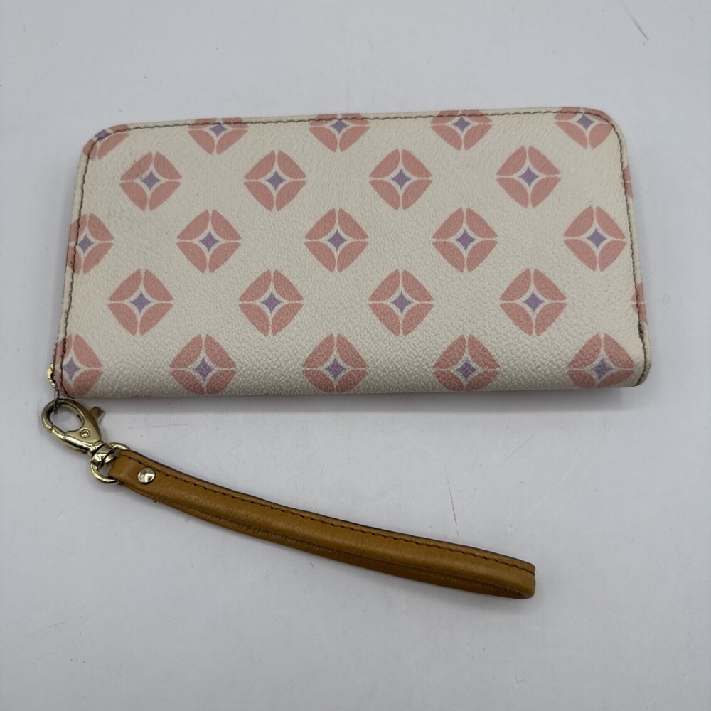 Fossil Logan Pink Cream Geometric Zip Around Leather Wallet‎ Wrist Strap